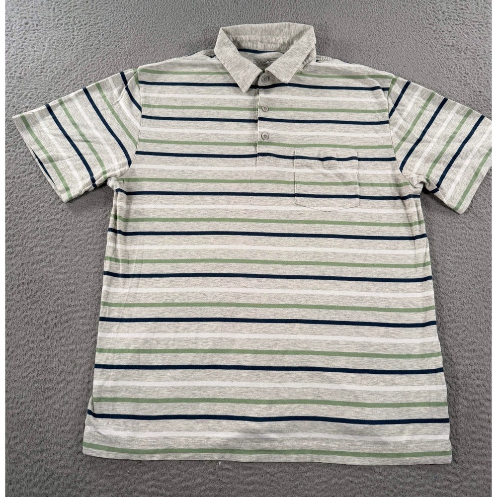 Patagonia Polo Shirt Men Medium Gray Green Striped Short Sleeve Collared Pocket